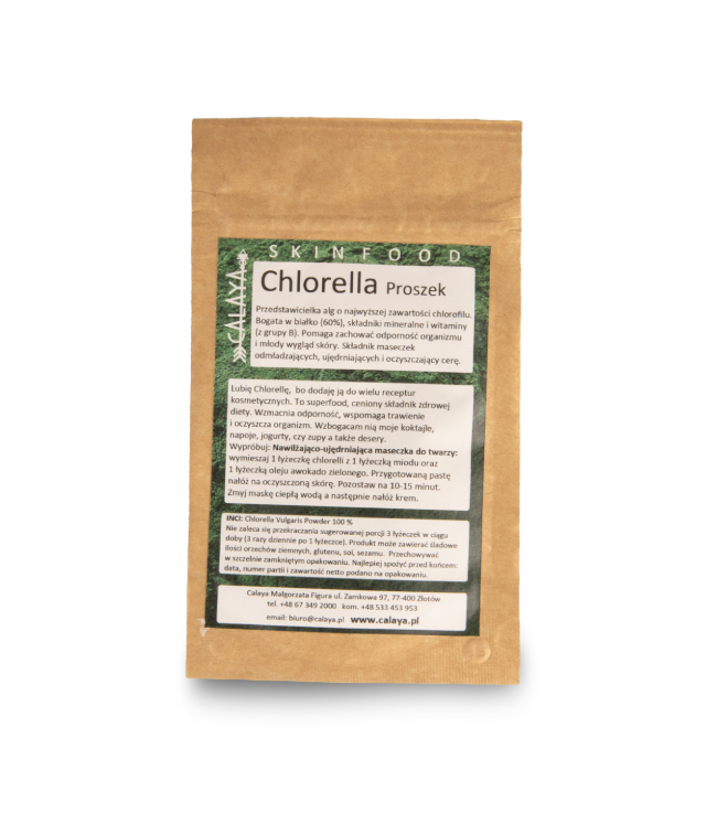 Calaya Chlorella - regenerujące proteiny z alg w proszku, papierowe opakowanie zamykane 10 g