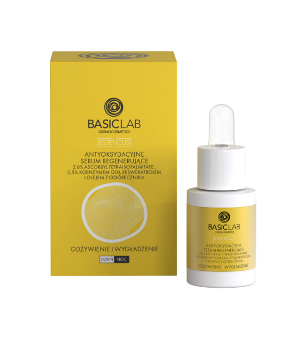 BASICLAB ESTETICUS - antyoksydacyjne serum regenerujące z ascorbyl tetraisopalmitate 6%, koenzymem Q10 0,5%, resweratrolem i olejem z ogórecznika