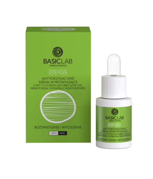 BASICLAB ESTETICUS - antyoksydacyjne serum wyrównujące z witaminą C 15%, prebiotykiem i filtratem z wody ryżowej min 1