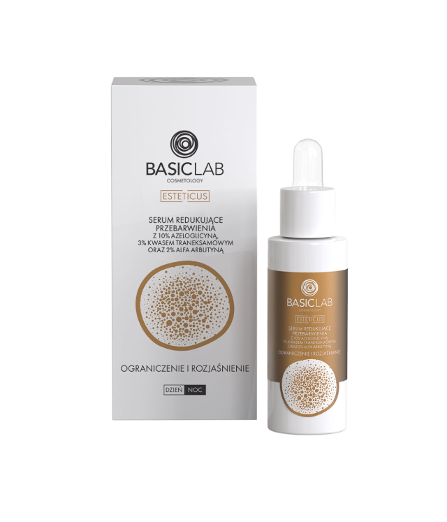 BasicLab Esteticus Serum redukujące przebarwienia z 10% azeloglicyną, 3% kwasem traneksamowym oraz 2% alfa arbutyną 30ml