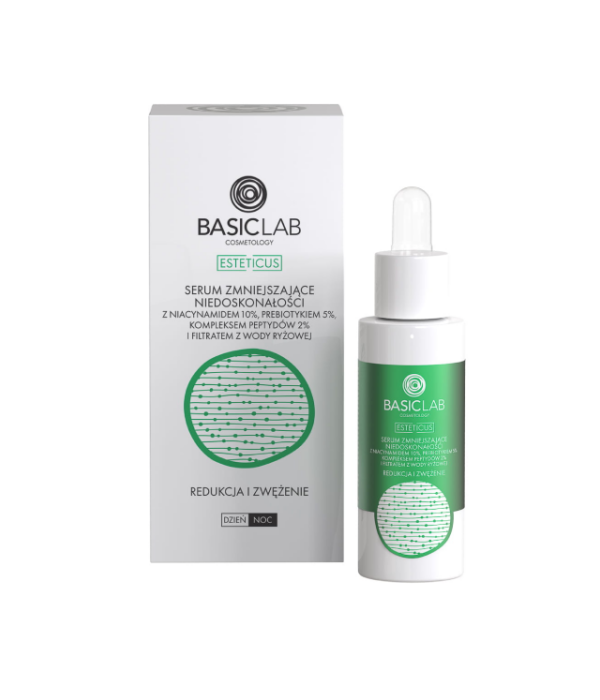 BASICLAB ESTETICUS - serum zmniejszające niedoskonałości z 10% niacynamidem, prebiotykiem, kompleksem peptydów i filtratem z wody ryżowej