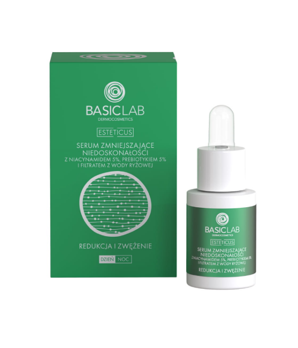 BASICLAB ESTETICUS - serum zmniejszające niedoskonałości z niacynamidem 5%, prebiotykiem 5% i filtratem z wody ryżowej